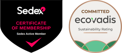 Sedex Certificate of Membership badge on the left and Committed Ecovadis Sustainability Rating badge on the right.