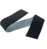 Black adhesive hook and loop fastener tape showing acrylic adhesive backing on a white background